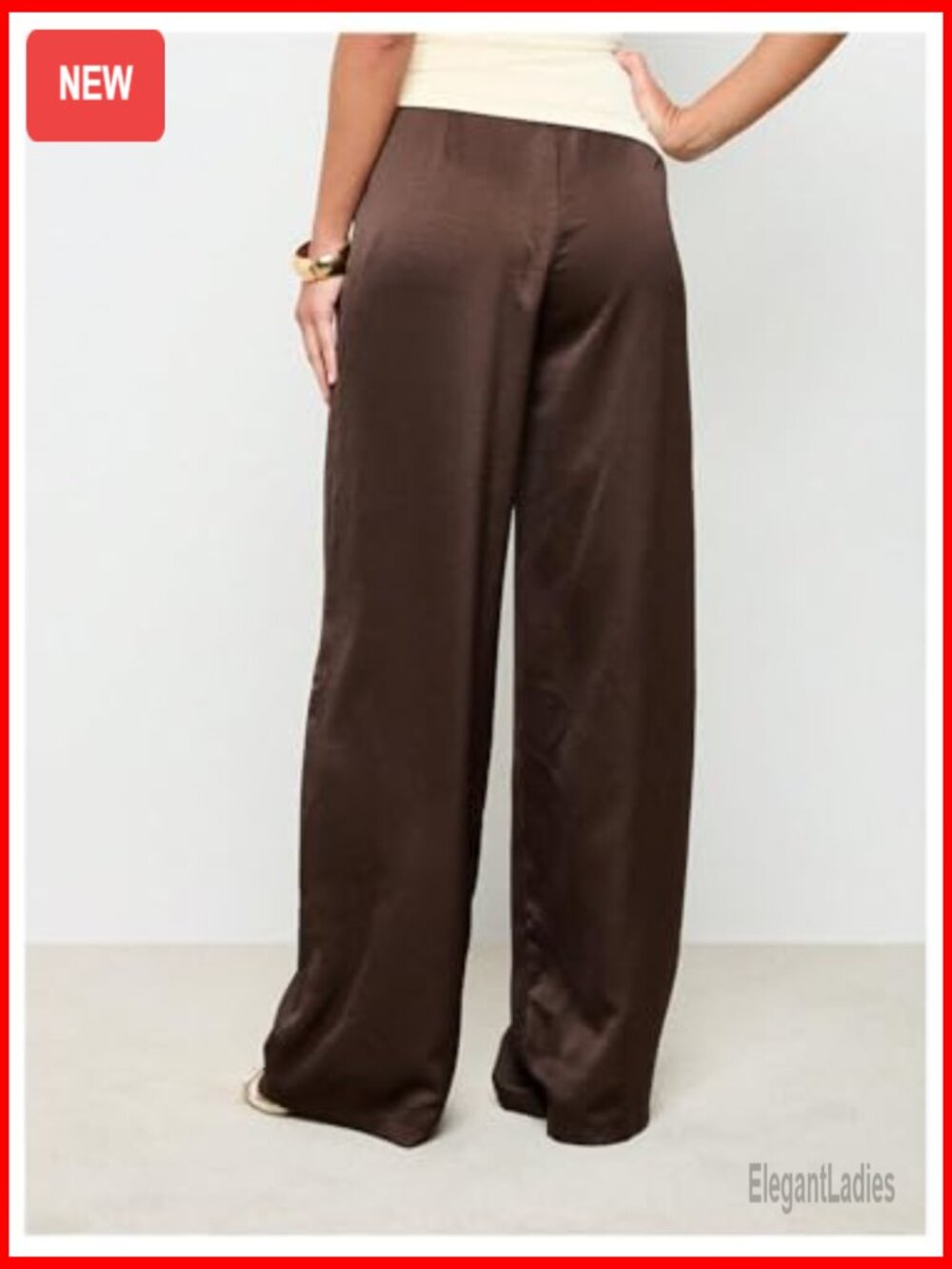 Women's Satin Wide Leg Pants Elastic Waist Loose Fit Casual Trousers - Picture 2 of 5
